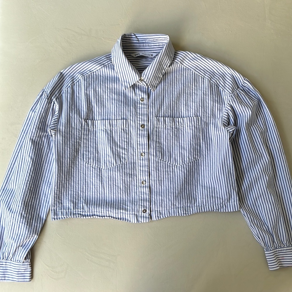 Zara Cropped Boxy Striped Button-Down Shirt—Size S